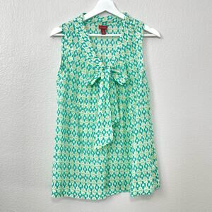 Merona Womens Green Floral Sleeveless Top Retro V-Neck Tank Bow Tie Size Small